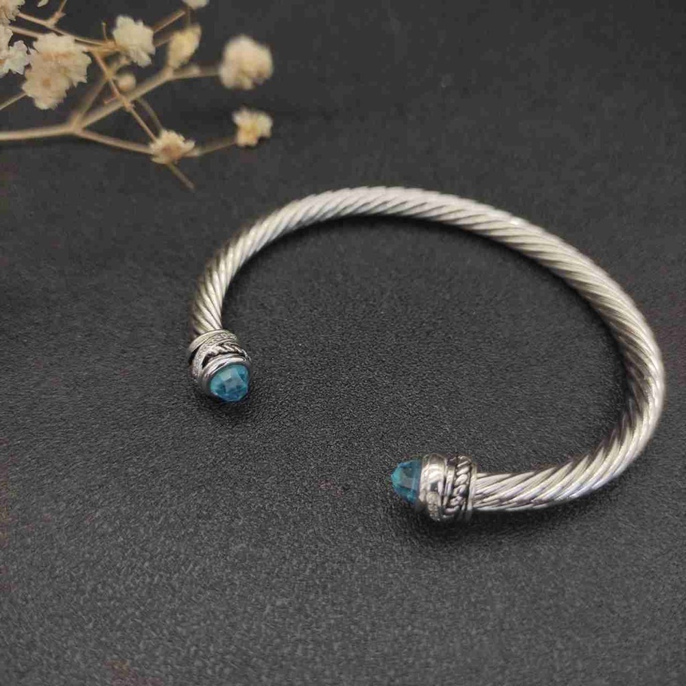 David Yurman 5mm Sterling Silver Cable Cuff Bracelet with Blue Topaz & Diamonds - Picture 6 of 7